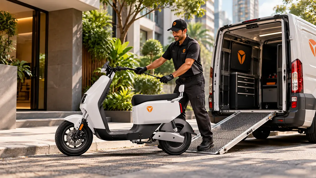 Serviço de leva e traz YADEA com scooter sendo recolhida para revisão